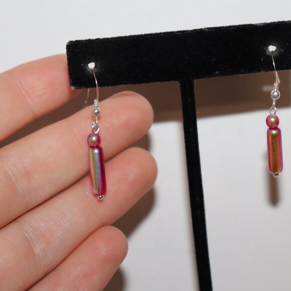 ❤️✨ Silver & Red Glass Dangle Earrings · 1.5" · Scarlet Spark 🔥 - Picture 3 of 5